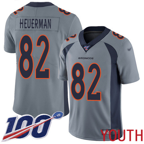 Youth Denver Broncos #82 Jeff Heuerman Limited Silver Inverted Legend 100th Season Football NFL Jersey